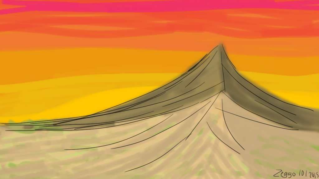 Lämminsävyinen maisema kahdesta vuoresta ja auringonlaskusta