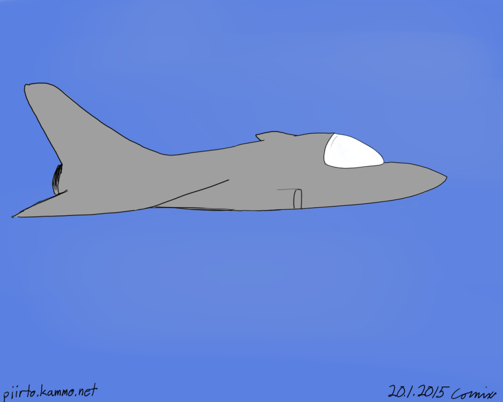 harmaalla väritetty piirrosmainen suihkuhävittäjälentokone sinistä taustaa vasten