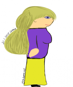 Piirroshahmomainen nainen, joka katsoo oikealle. Naisella on pitkät vaaleat hiukset, violetti paita ja keltainen hame.