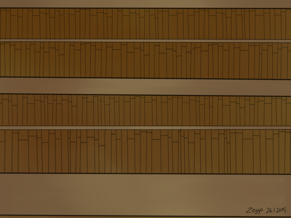 Viivapiirros kirjastohyllyistä ruskealla taustalla