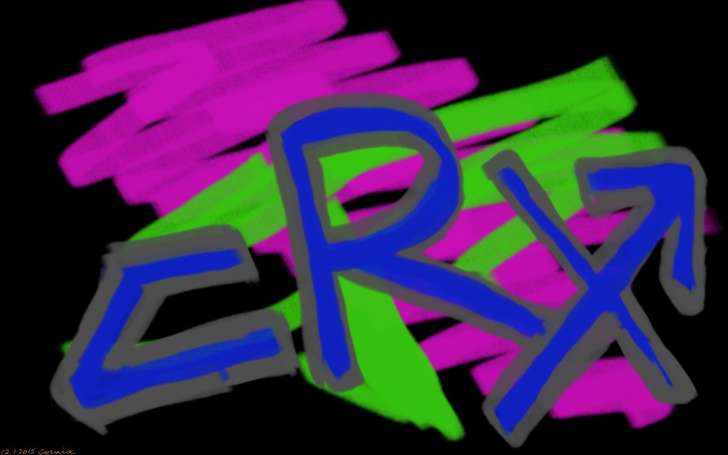 graffittimainen teksti CRX, jossa X-kirjaimen oikeassa ylänurkassa nuolen kärki. Taustalla violettia ja vihreää väriä - itse teksti on sininen.