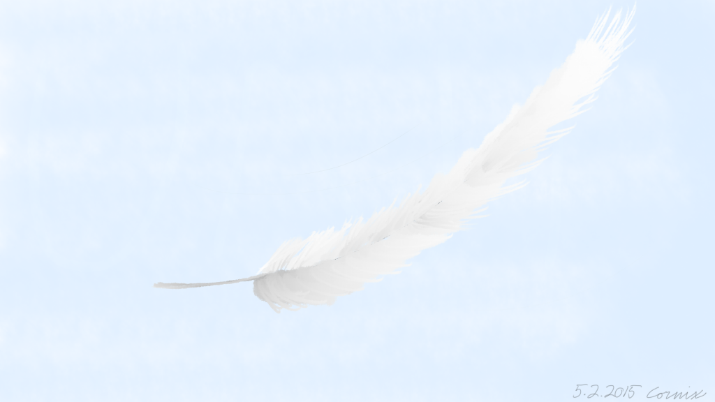 Koko kuva-alan peittävä valkoinen höyhen leijumassa sinisellä taivaalla
