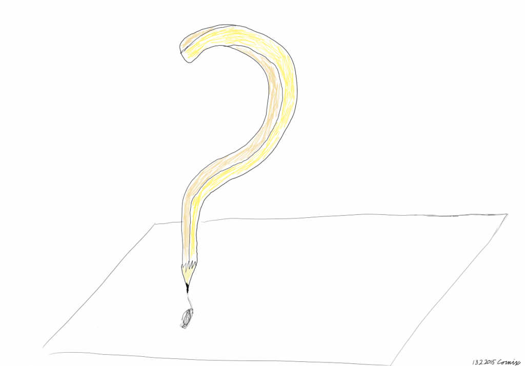 Kysymysmerkin muotoinen keltainen lyijykynä, joka on piirtänyt muuten tyhjälle arkille pyöreän sutun.