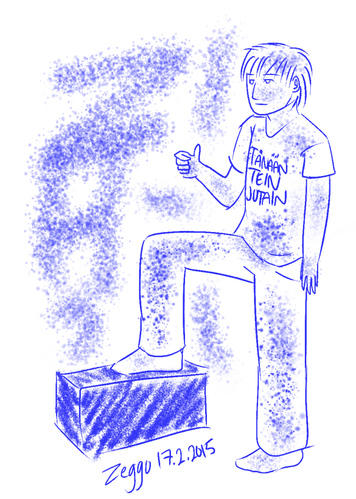 Sotkuinen nuori mies näyttää peukkua jalka laatikon päälle nostettua, paidassa lukee "Tänään tein jotain"