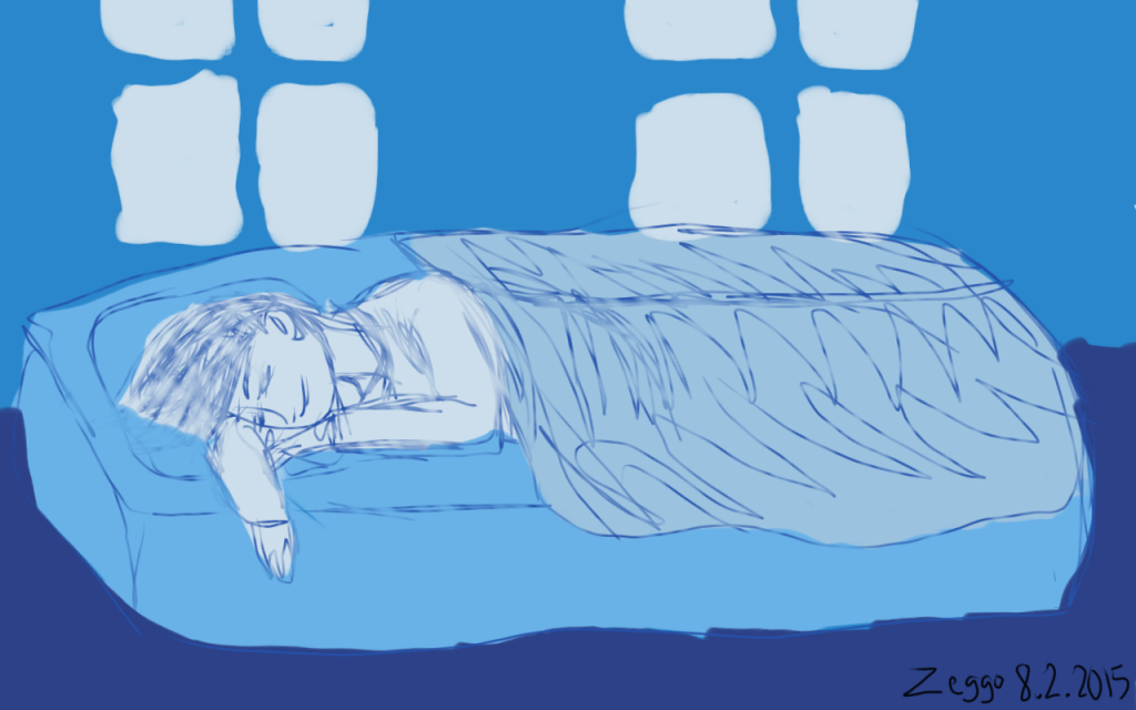 Hahmo nukkuu sinisessä huoneessa