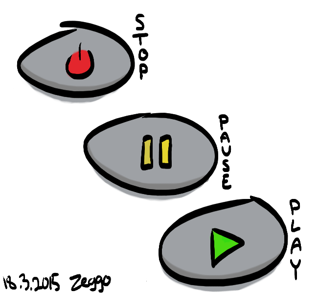 kolme kiveä, joissa merkit stop, pause ja play