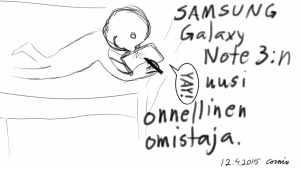 Sängyllä makoileva piirroshahmo piirtonäytön kanssa. Puhekuplassa "YAY!". Vieressä teksti "SAMSUNG Galaxy Note 3:n uusi onnellinen omistaja"