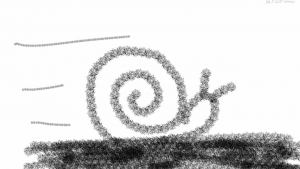 Ruohomaisella tekstuurilla piirretty piirroshahmomainen etana, jonka perässä on vauhtiviivoja